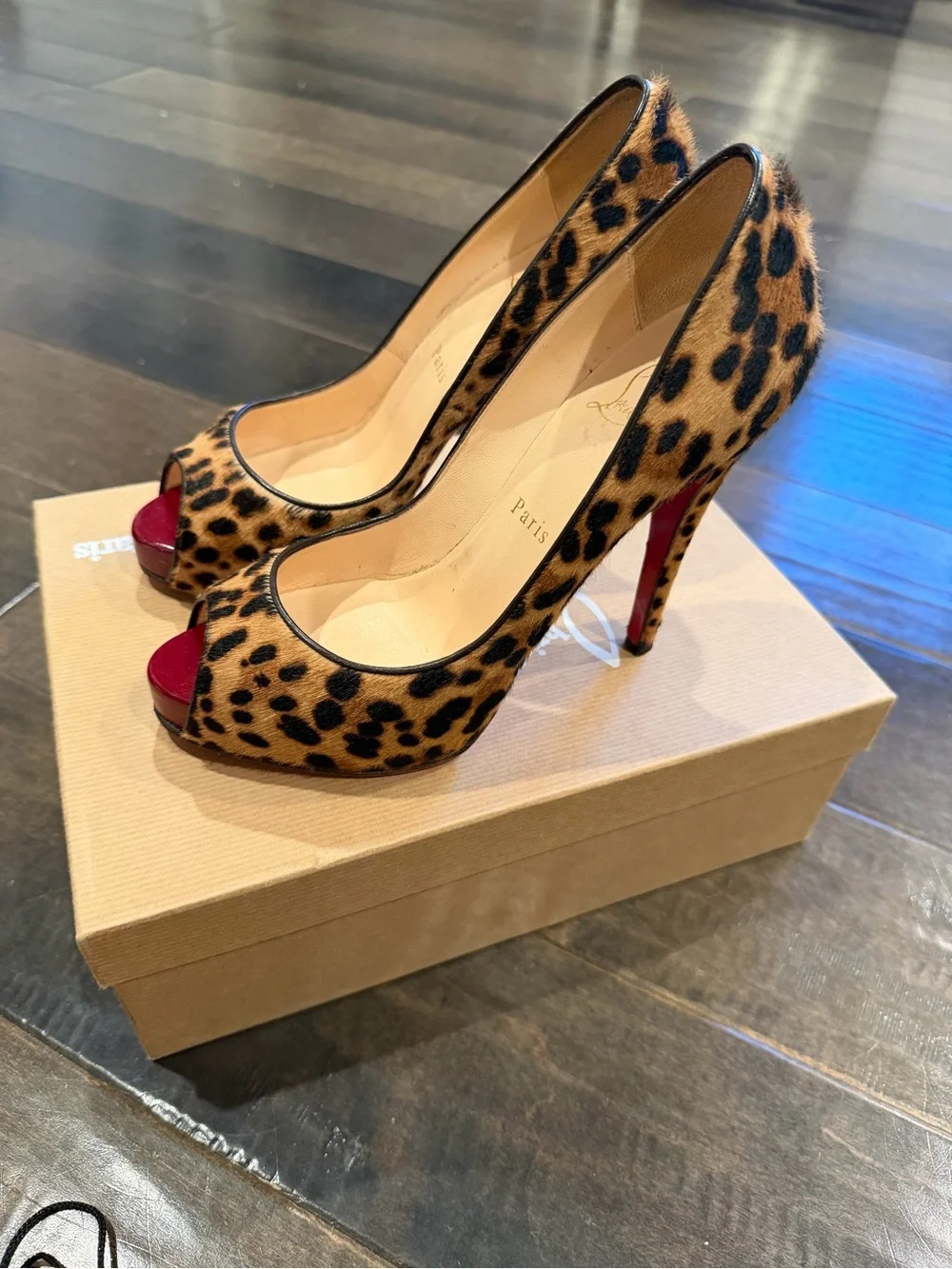 Christian Louboutin Leopard Print Peep-Toe Pumps with Red Accents